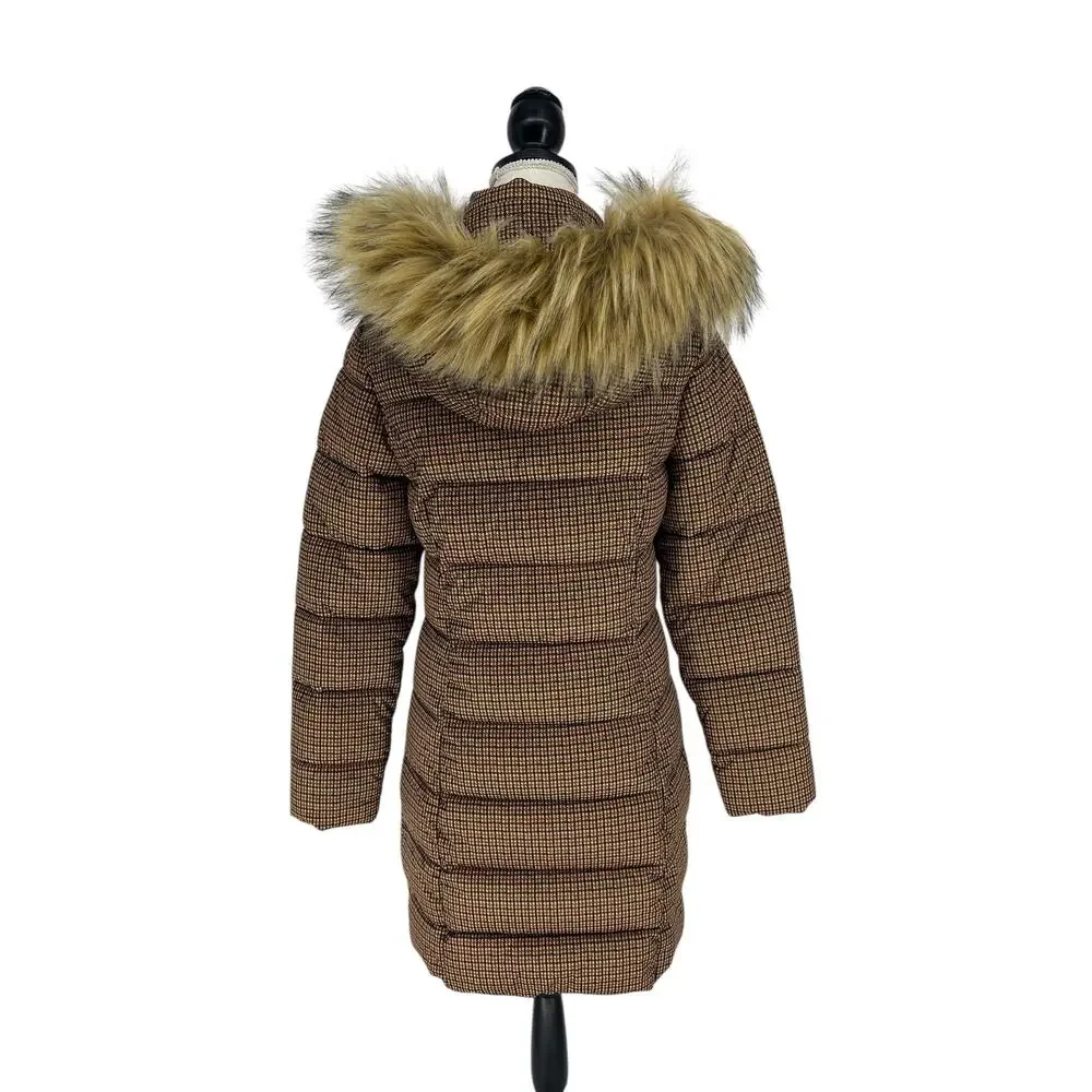 C-RO‎ Denmark Houndstooth 2-Way Stretch Puffer Coat with Faux Fur Hood Size 4